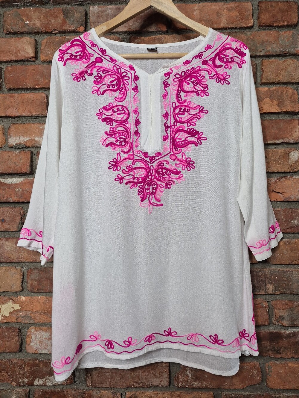Fuchsia Pink Embroidered Rayon Tunic Top Boho Peasant Beach Resort Cover Up L